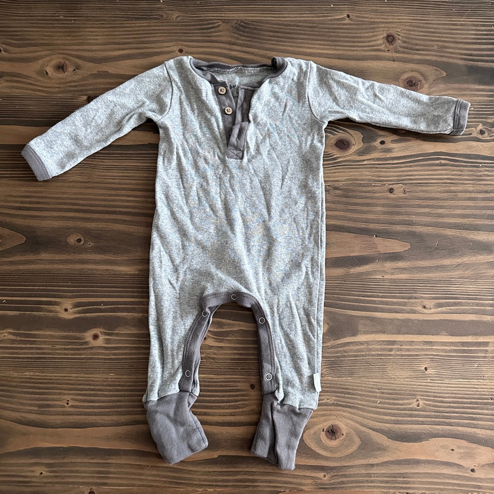Burts Bees Baby 0-3M Gray Footie Henley Elbow Patch